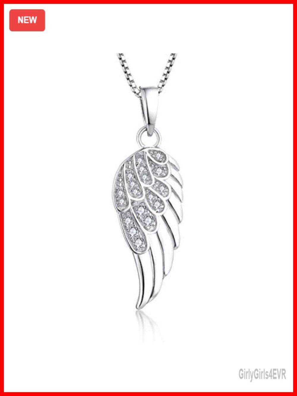 925 Sterling Silver Angel Wing Pendant Necklace Rhodium Plated CZ